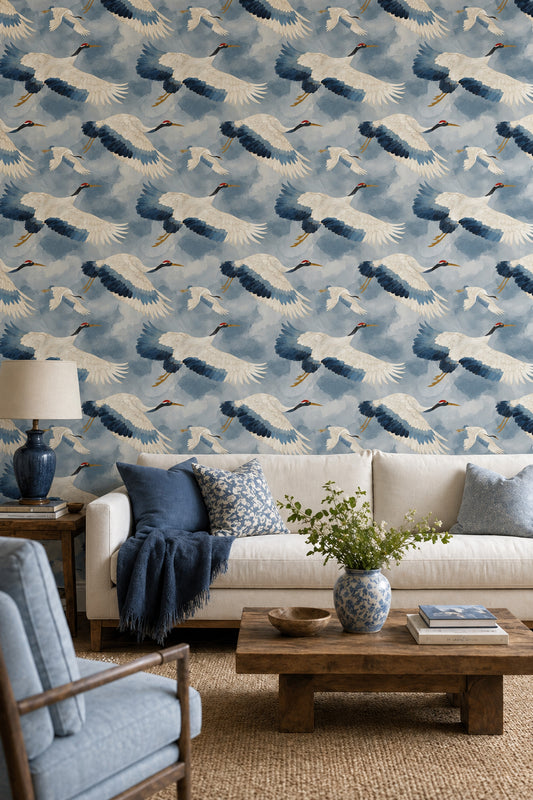 Birds In Flight Wallpaper Blue Watercolor Sky Gold Linework Decorative Mural