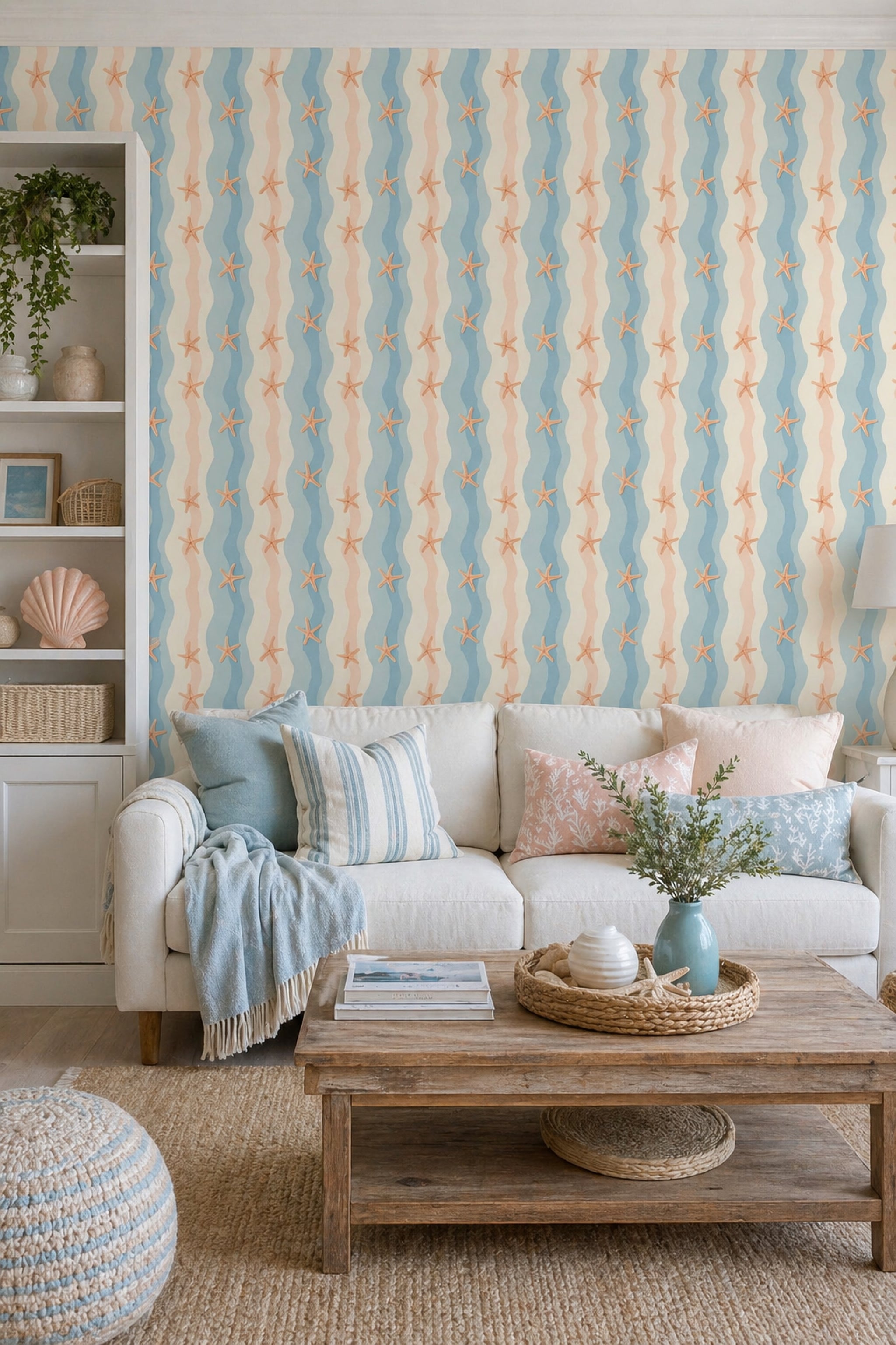 Starfish Wallpaper Coastal Removable Wavy Stripes Wall Decor