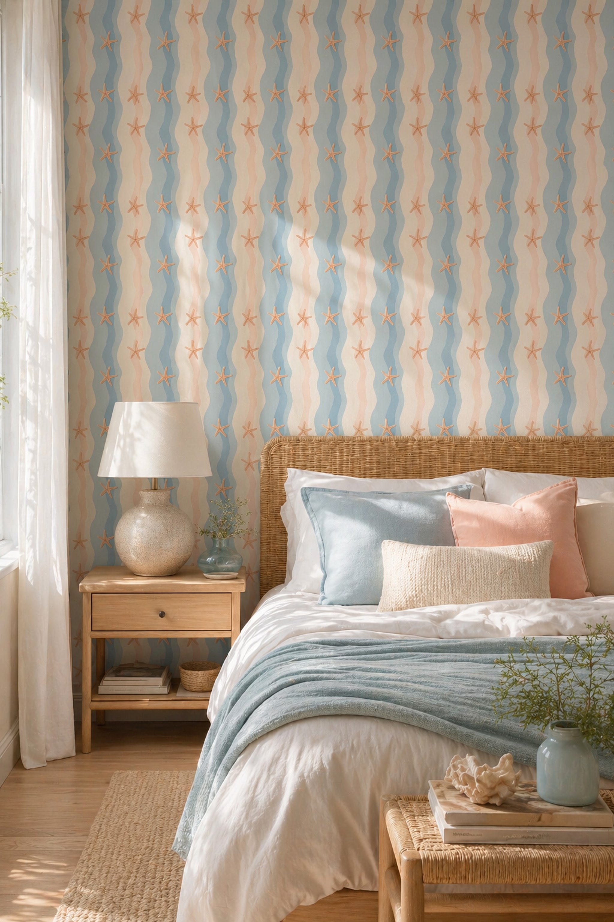 Starfish Wallpaper Coastal Removable Wavy Stripes Wall Decor