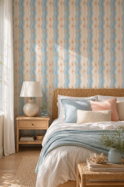 Starfish Wallpaper Coastal Removable Wavy Stripes Wall Decor