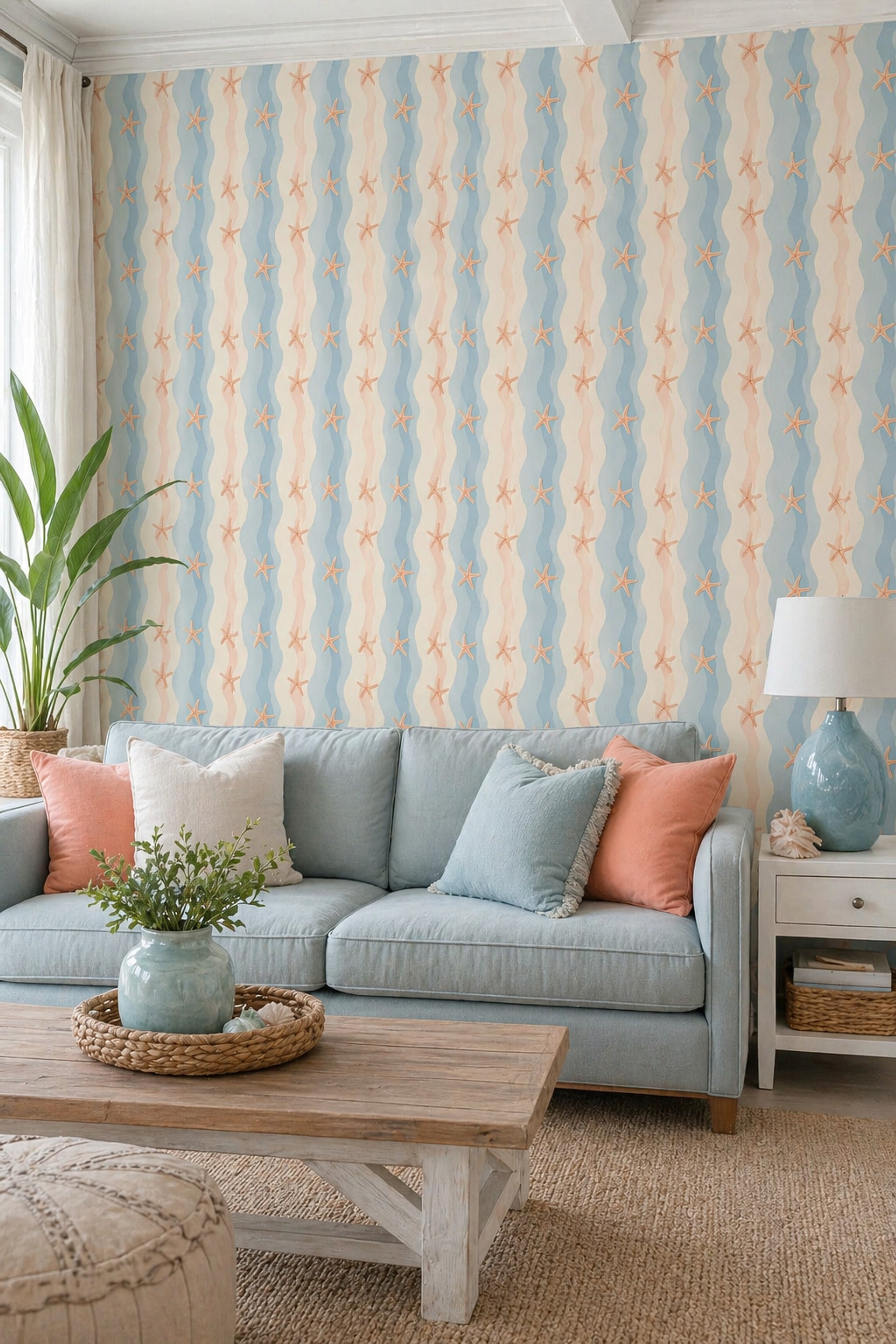 Starfish Wallpaper Coastal Removable Wavy Stripes Wall Decor