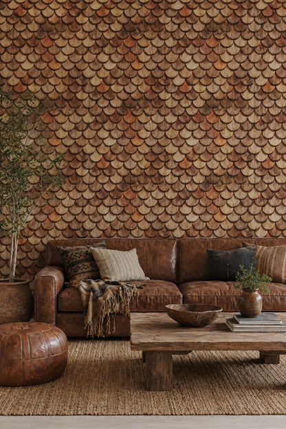 Rustic Wood Shingles Wallpaper Scallop Scale Pattern Removable Warm Brown Tan Wall Decor
