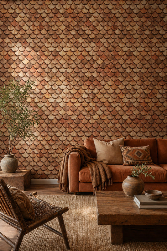 Rustic Wood Shingles Wallpaper Scallop Scale Pattern Removable Warm Brown Tan Wall Decor