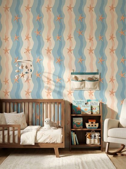 Starfish Wallpaper Coastal Removable Wavy Stripes Wall Decor