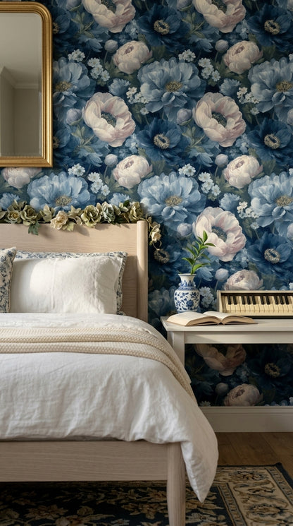 Dark Floral Wallpaper Muted Green Removable Wall Decor