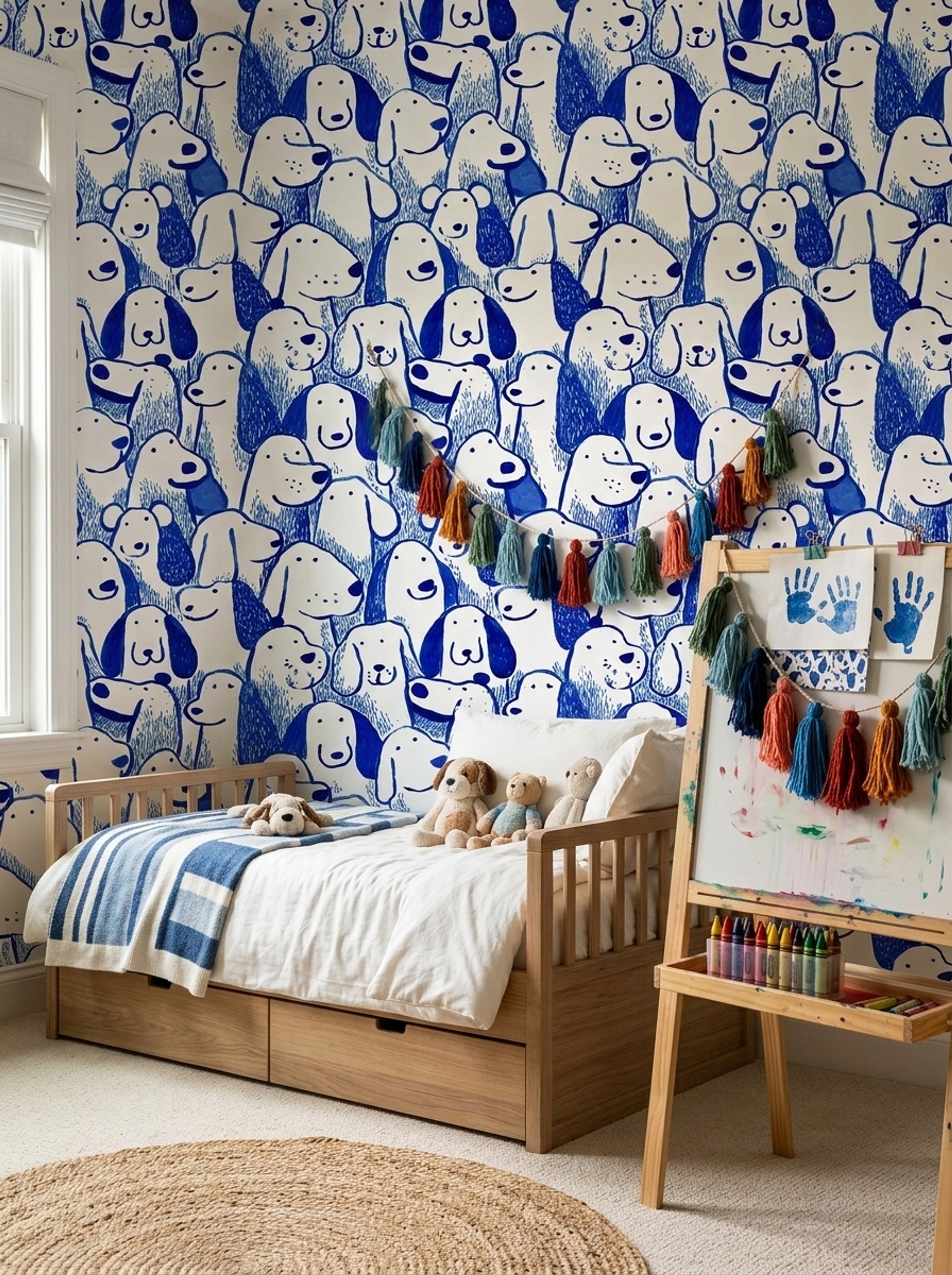 Blue And White Wallpaper Playful Dogs Hand Drawn Decorative Mural