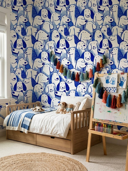 Blue And White Wallpaper Playful Dogs Hand Drawn Decorative Mural