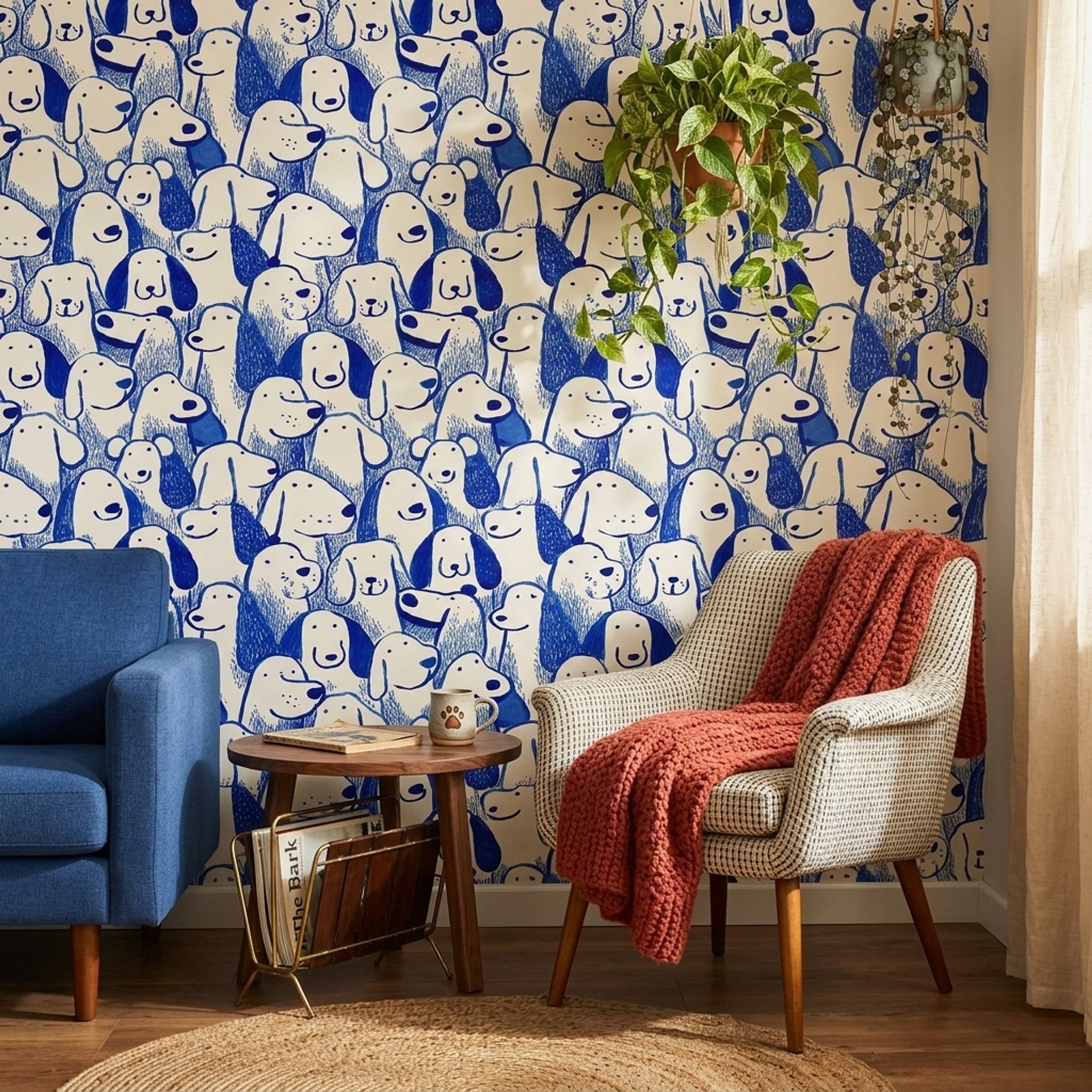 Blue And White Wallpaper Playful Dogs Hand Drawn Decorative Mural