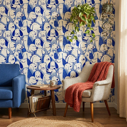Blue And White Wallpaper Playful Dogs Hand Drawn Decorative Mural
