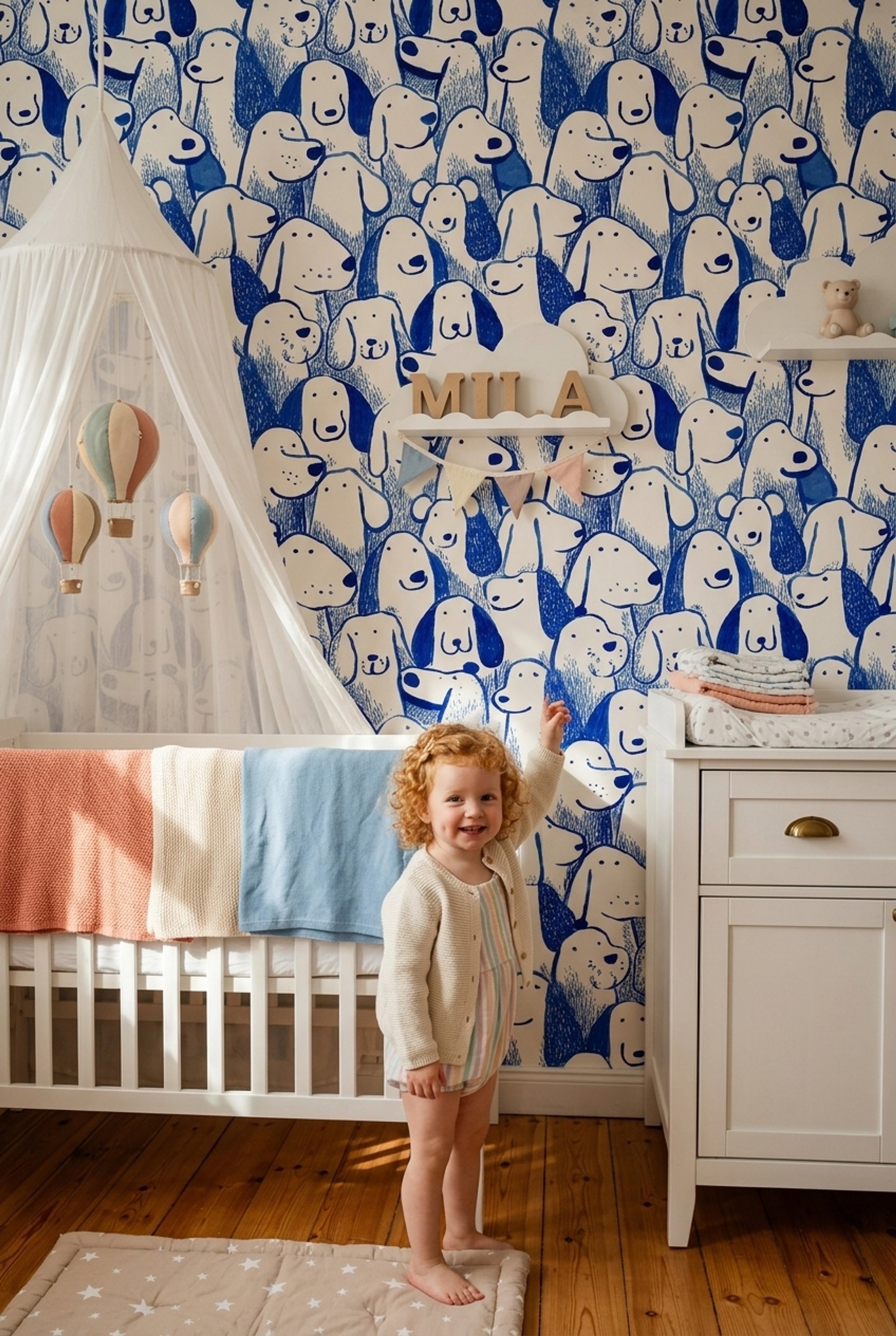 Blue And White Wallpaper Playful Dogs Hand Drawn Decorative Mural