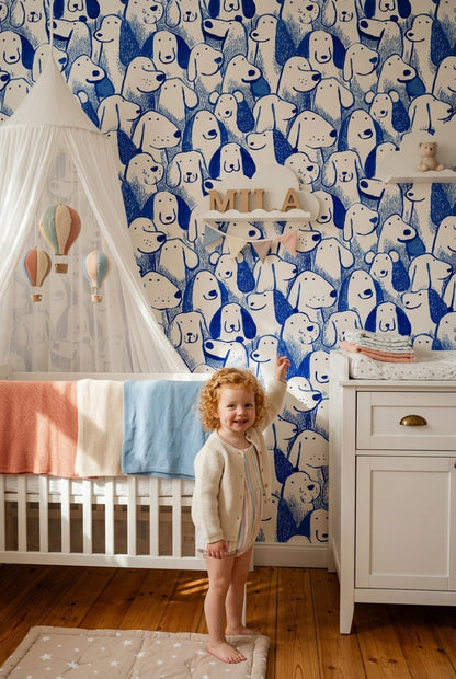Blue And White Wallpaper Playful Dogs Hand Drawn Decorative Mural