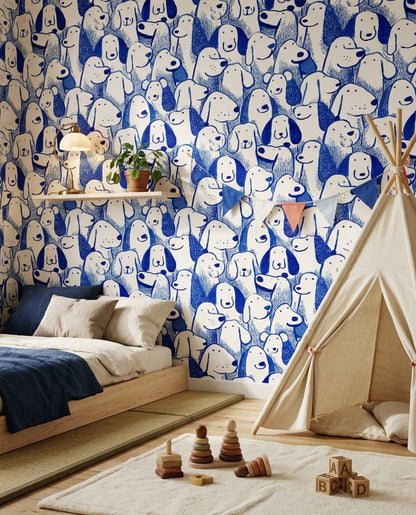 Blue And White Wallpaper Playful Dogs Hand Drawn Decorative Mural