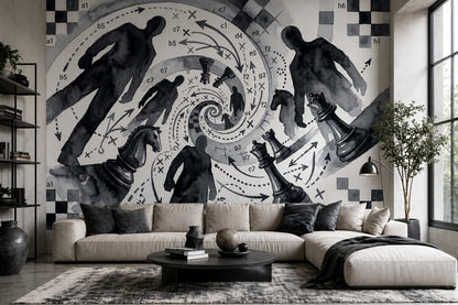 Abstract Chess Wallpaper Watercolor Ink Wash Strategy Diagram Removable Wall Decor