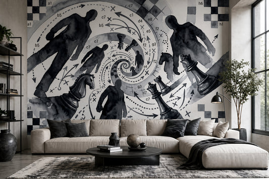 Abstract Chess Wallpaper Watercolor Ink Wash Strategy Diagram Removable Wall Decor