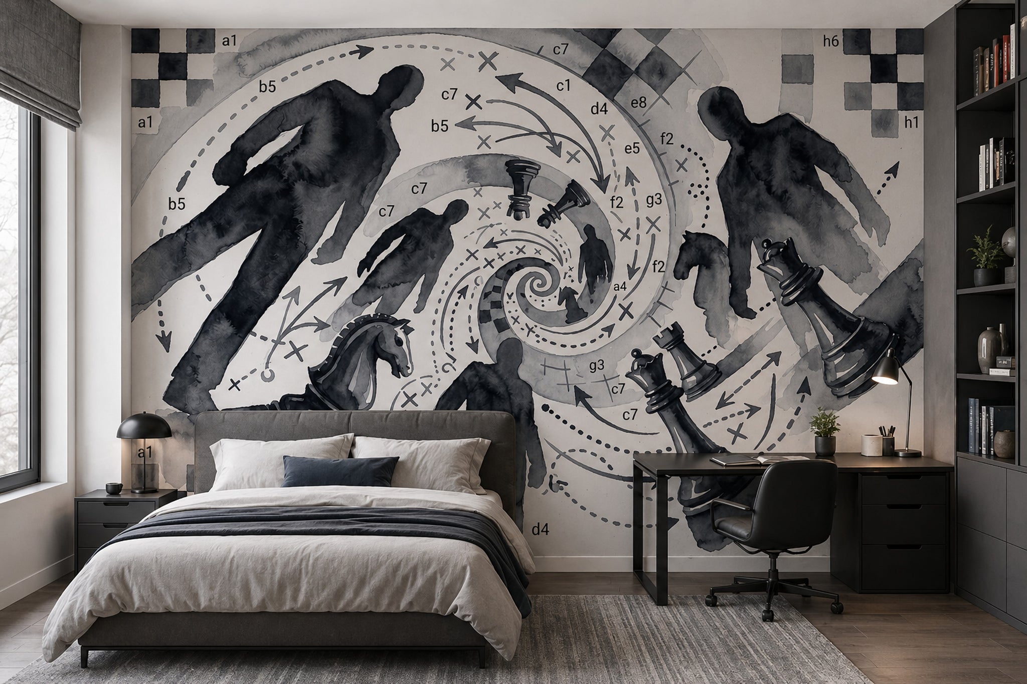 Abstract Chess Wallpaper Watercolor Ink Wash Strategy Diagram Removable Wall Decor