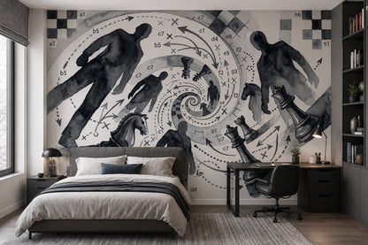 Abstract Chess Wallpaper Watercolor Ink Wash Strategy Diagram Removable Wall Decor