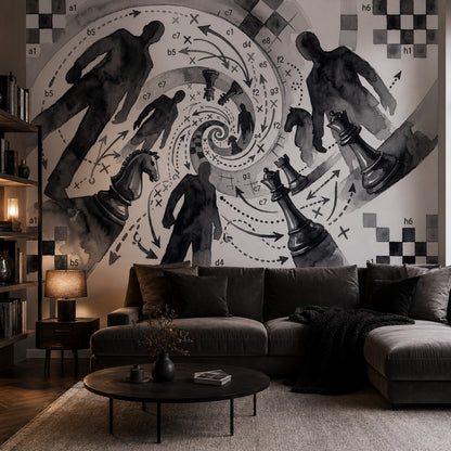 Abstract Chess Wallpaper Watercolor Ink Wash Strategy Diagram Removable Wall Decor