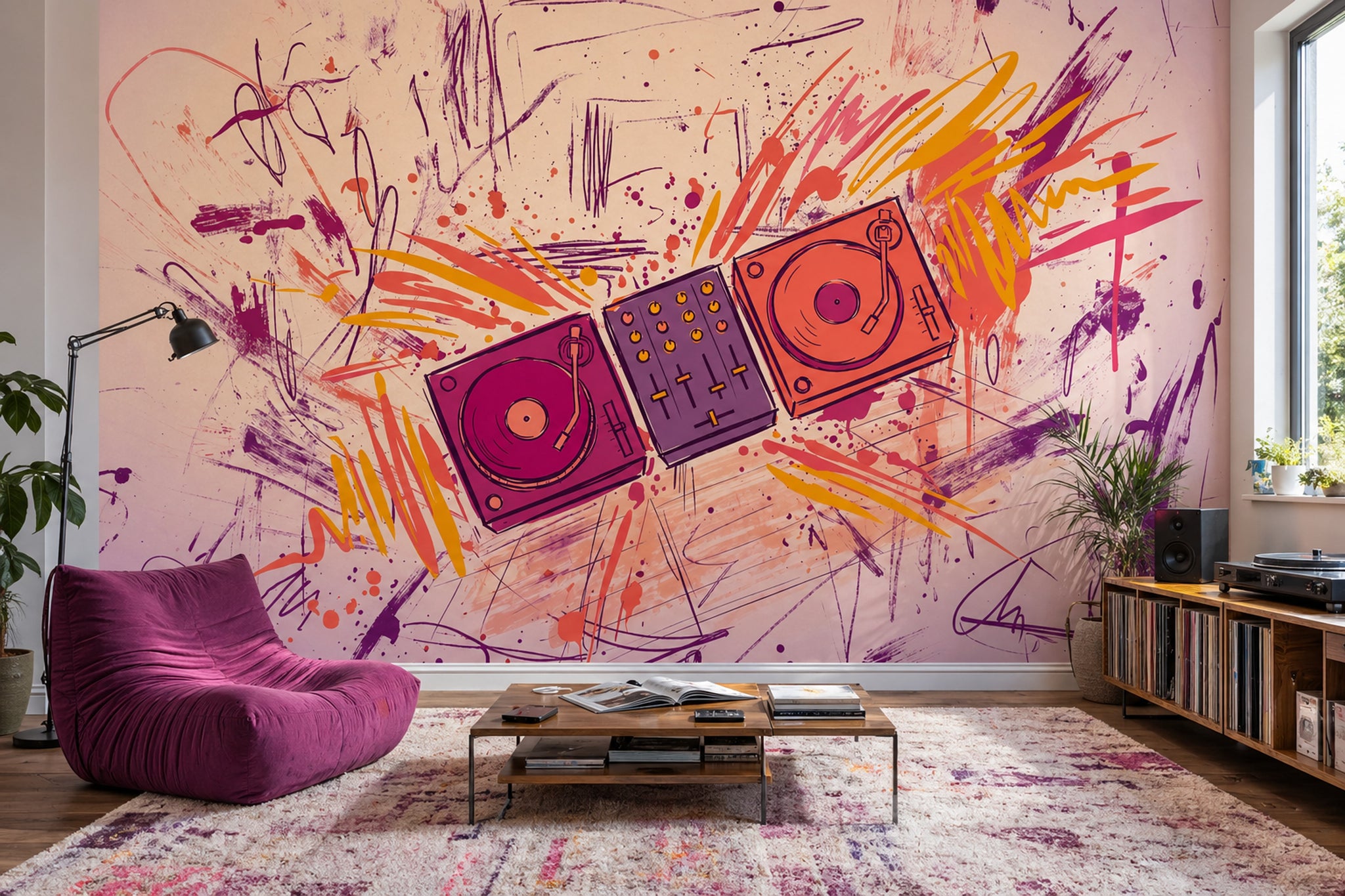 DJ Turntables Wallpaper Mixer Console Graffiti Scribbles Wall Mural
