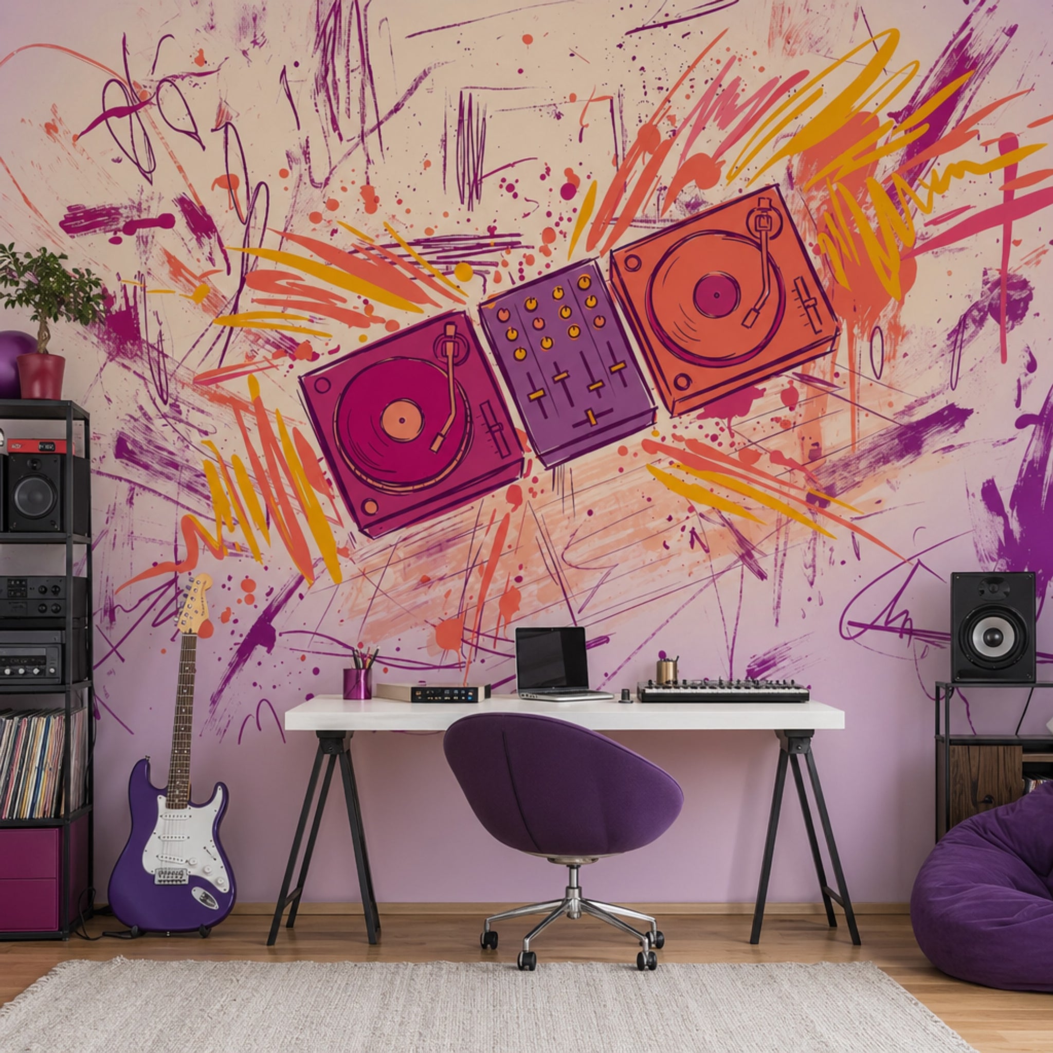 DJ Turntables Wallpaper Mixer Console Graffiti Scribbles Wall Mural