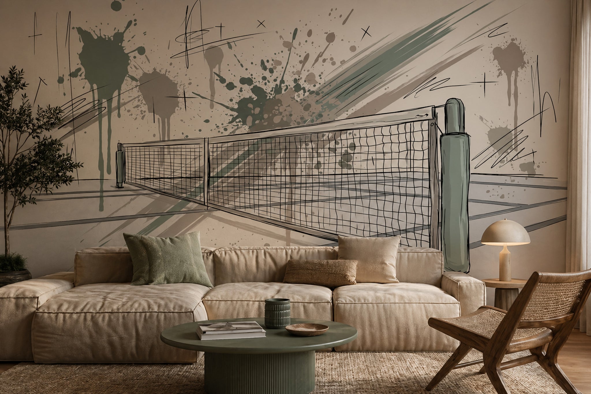 Tennis Net Wallpaper Sports Court Abstract Splatter Wall Mural