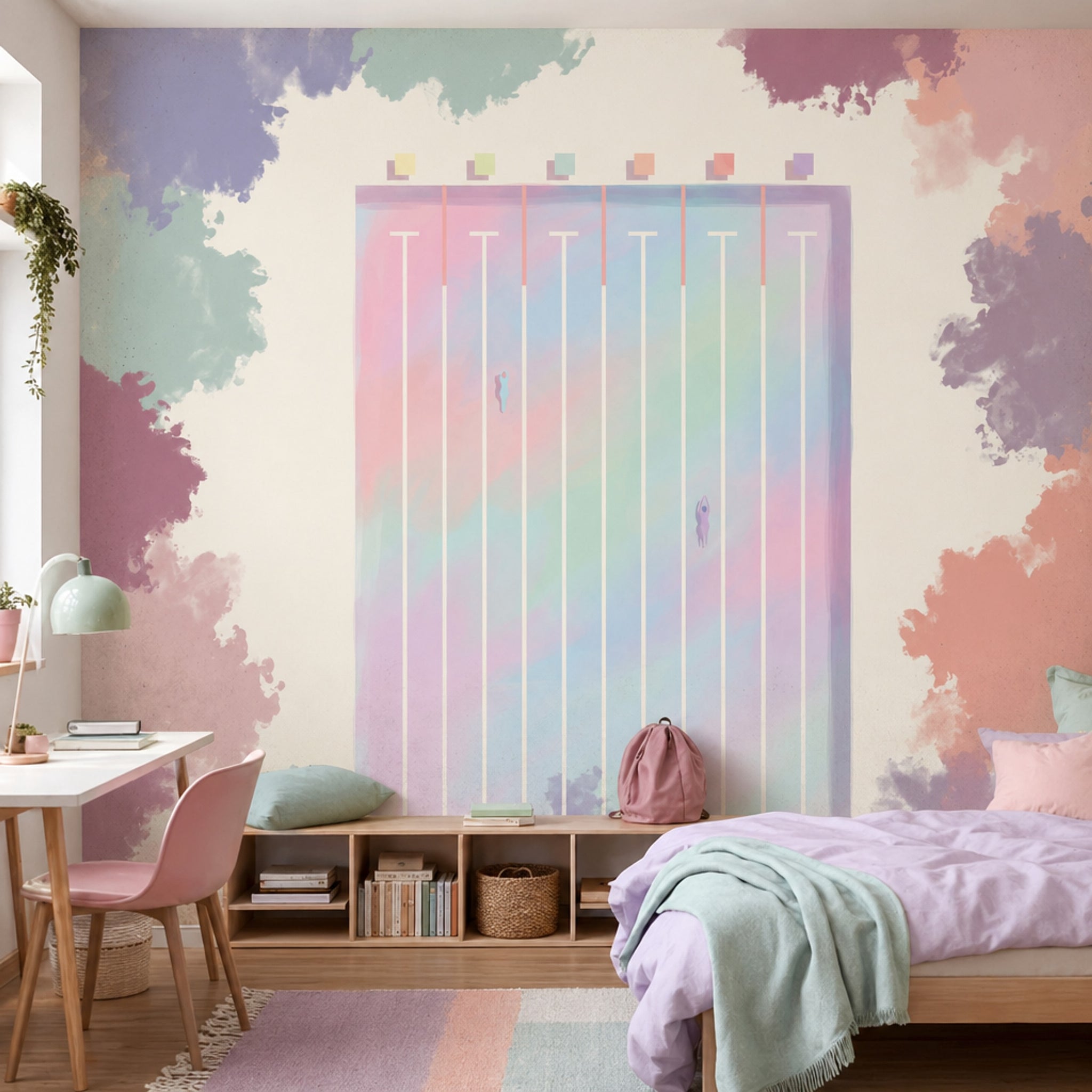 Pastel Gradient Wallpaper Geometric Panel Watercolor Clouds Removable Wall Decor