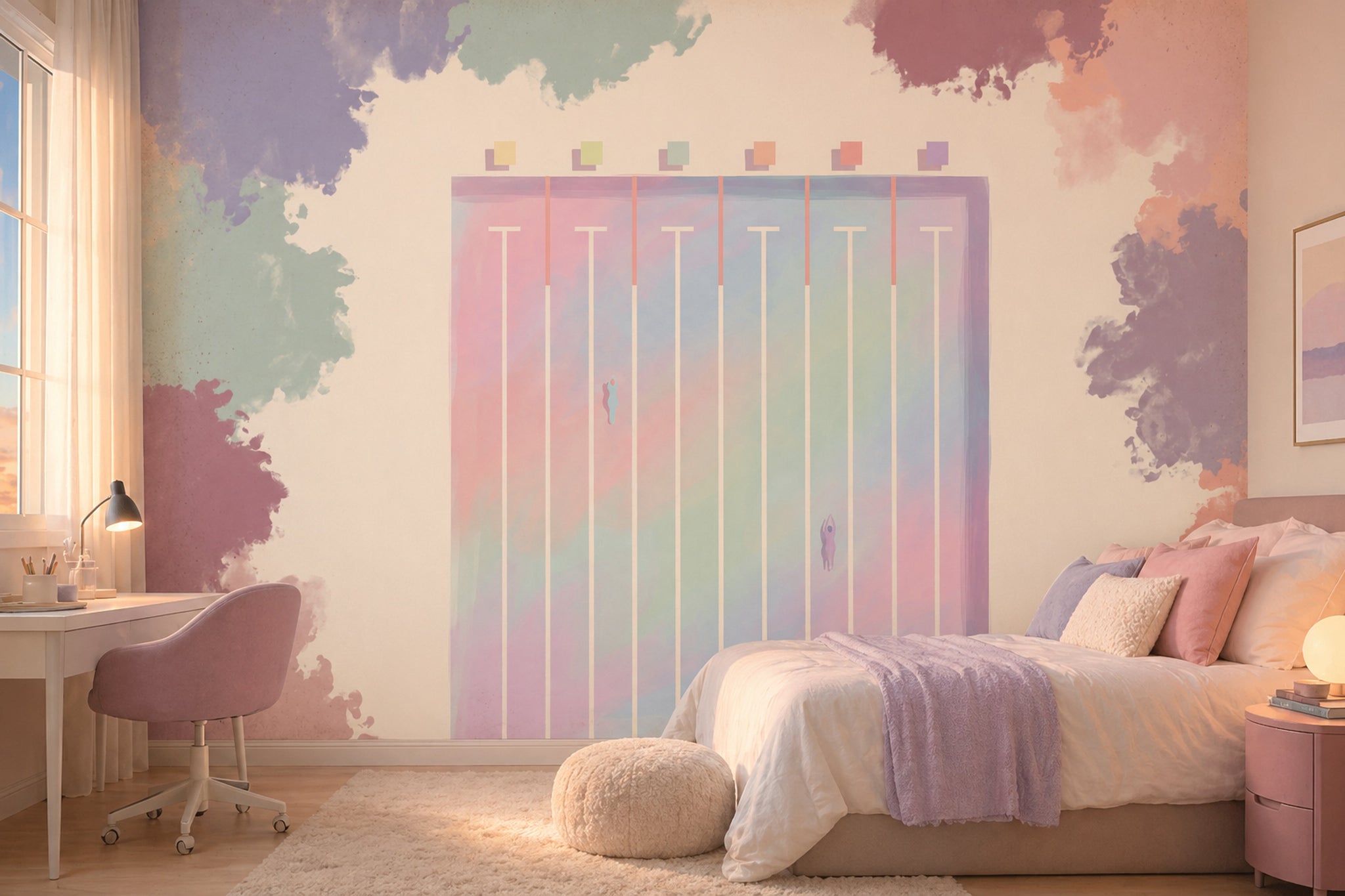 Pastel Gradient Wallpaper Geometric Panel Watercolor Clouds Removable Wall Decor