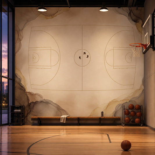 Basketball Court Wallpaper Top Down View Minimal Line Art Wall Mural