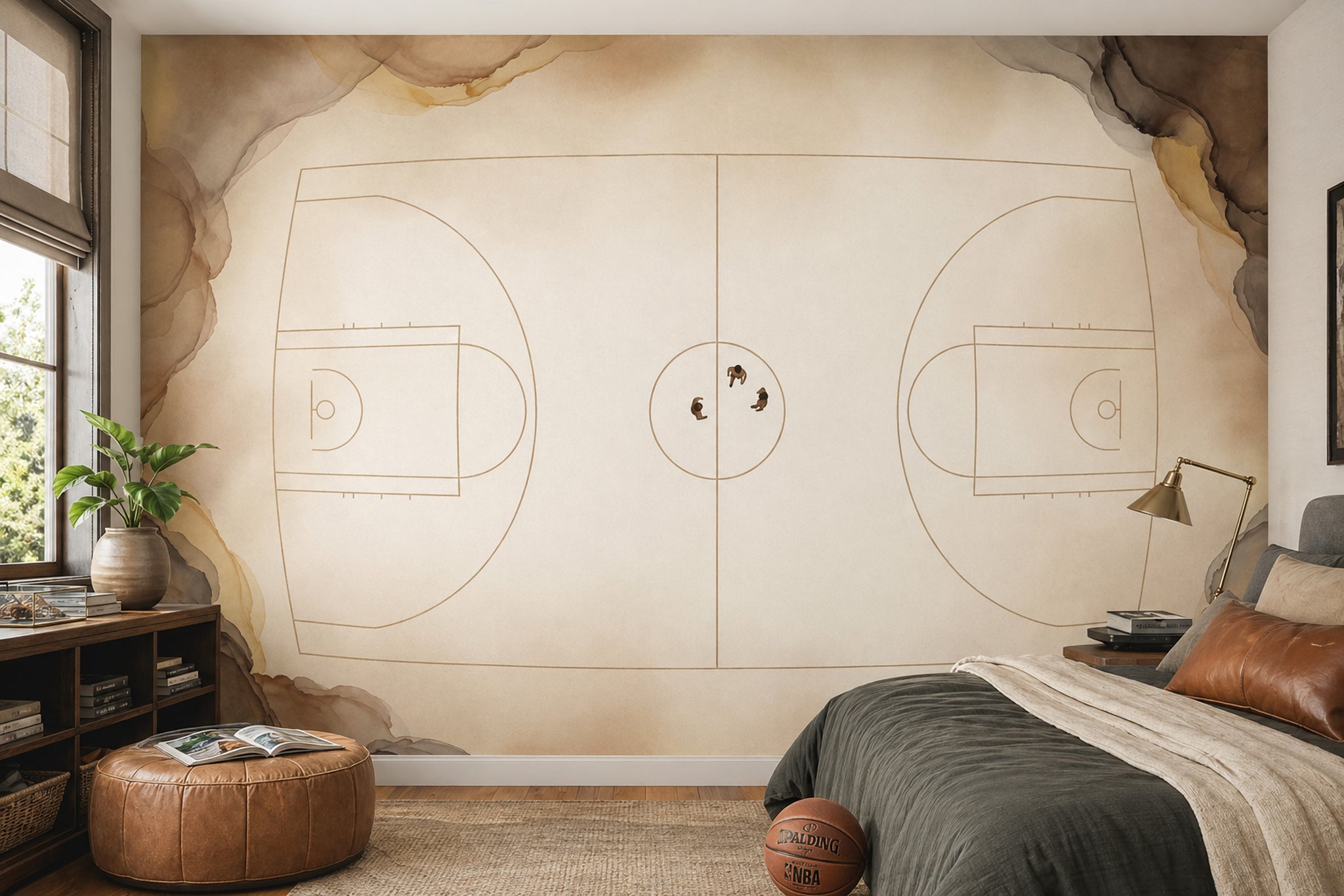Basketball Court Wallpaper Top Down View Minimal Line Art Wall Mural