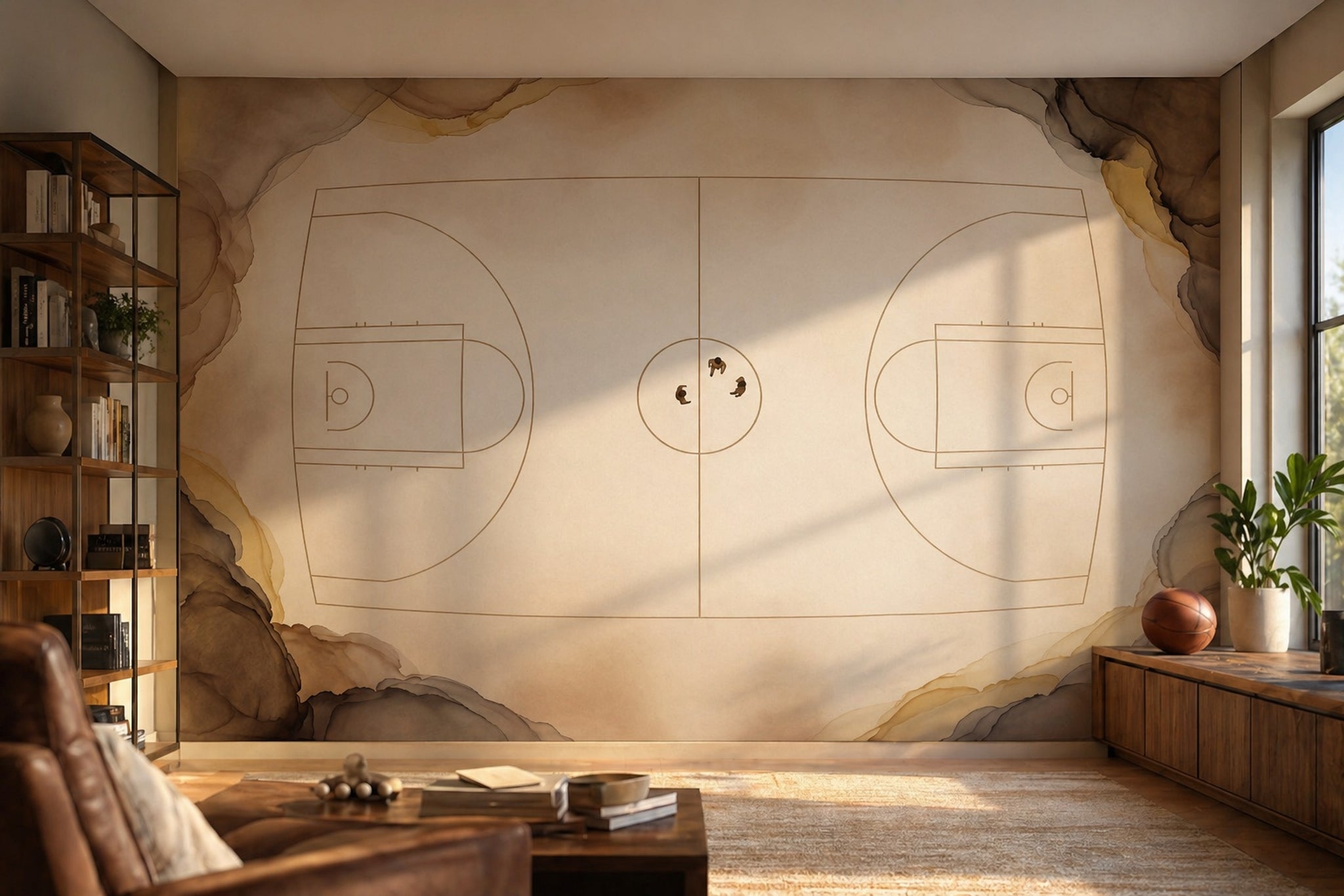 Basketball Court Wallpaper Top Down View Minimal Line Art Wall Mural