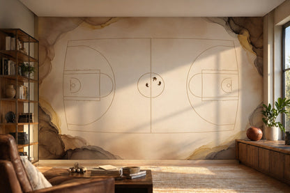 Basketball Court Wallpaper Top Down View Minimal Line Art Wall Mural