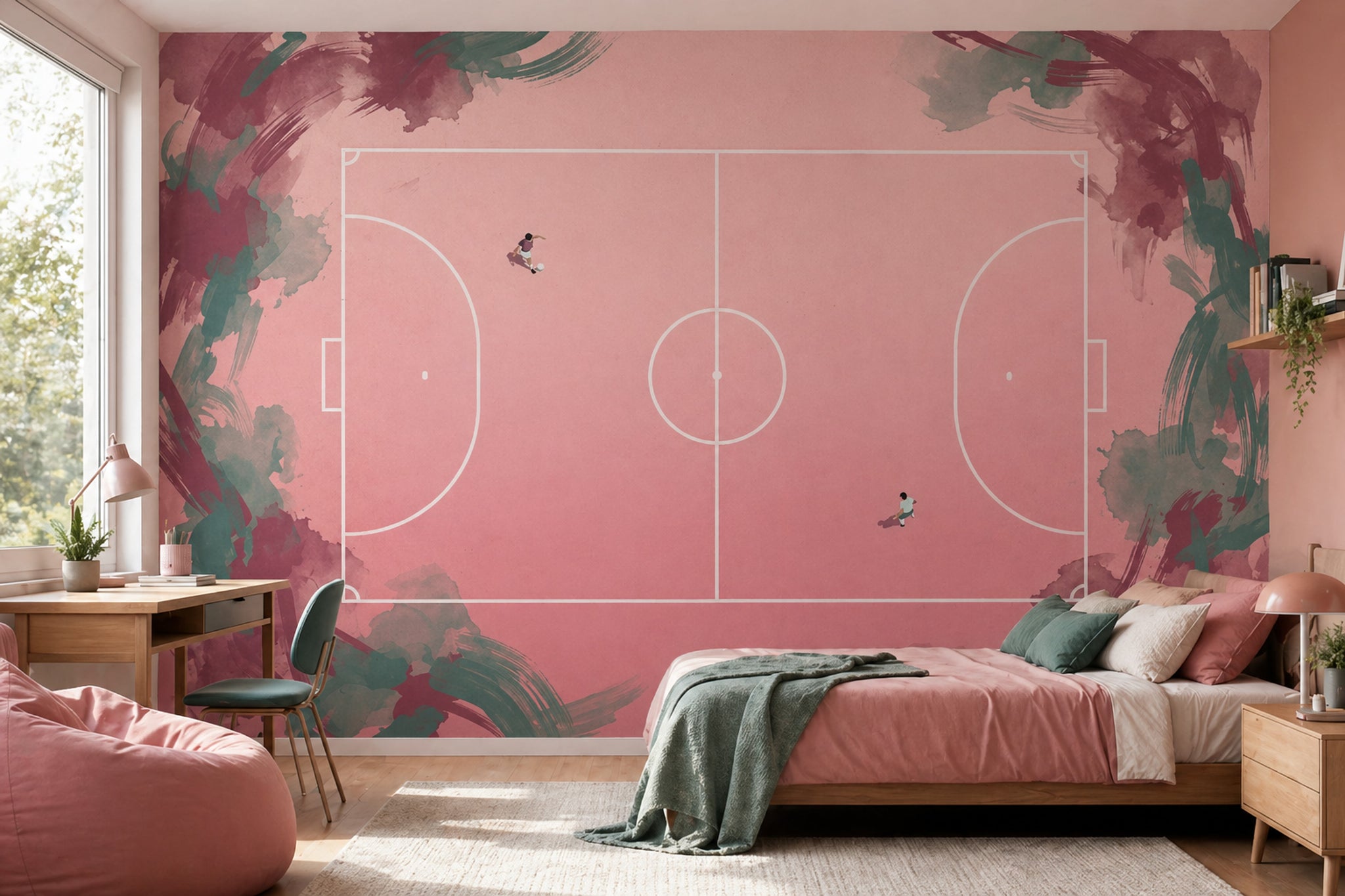 Soccer Field Wallpaper Top Down Pitch Removable Pastel Pink Wall Decor