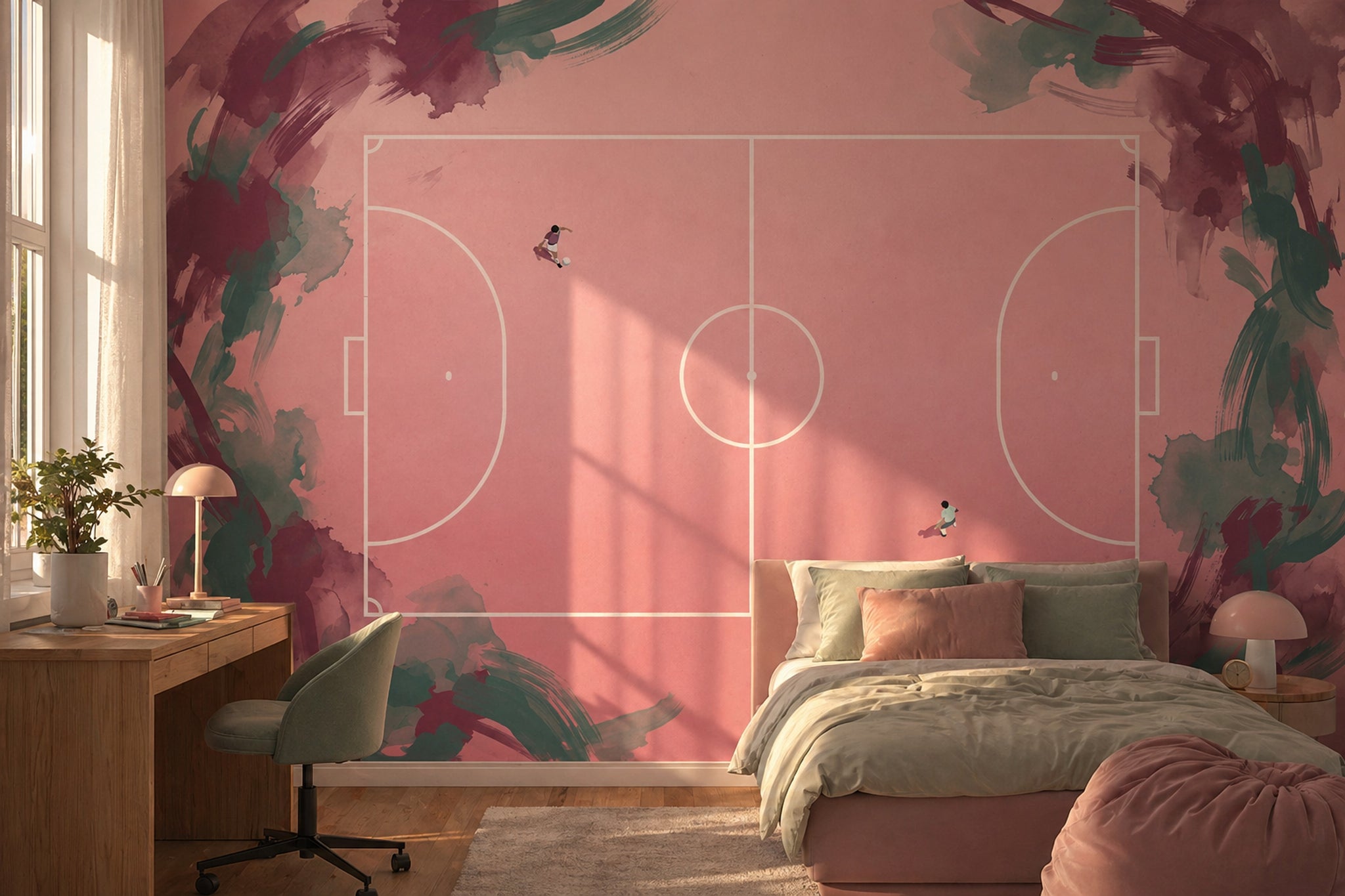 Soccer Field Wallpaper Top Down Pitch Removable Pastel Pink Wall Decor