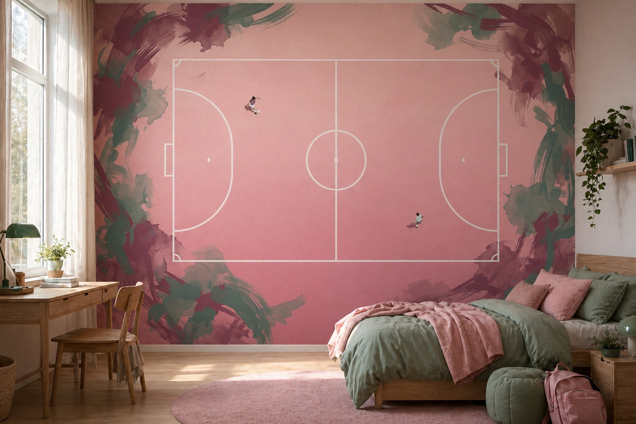 Soccer Field Wallpaper Top Down Pitch Removable Pastel Pink Wall Decor