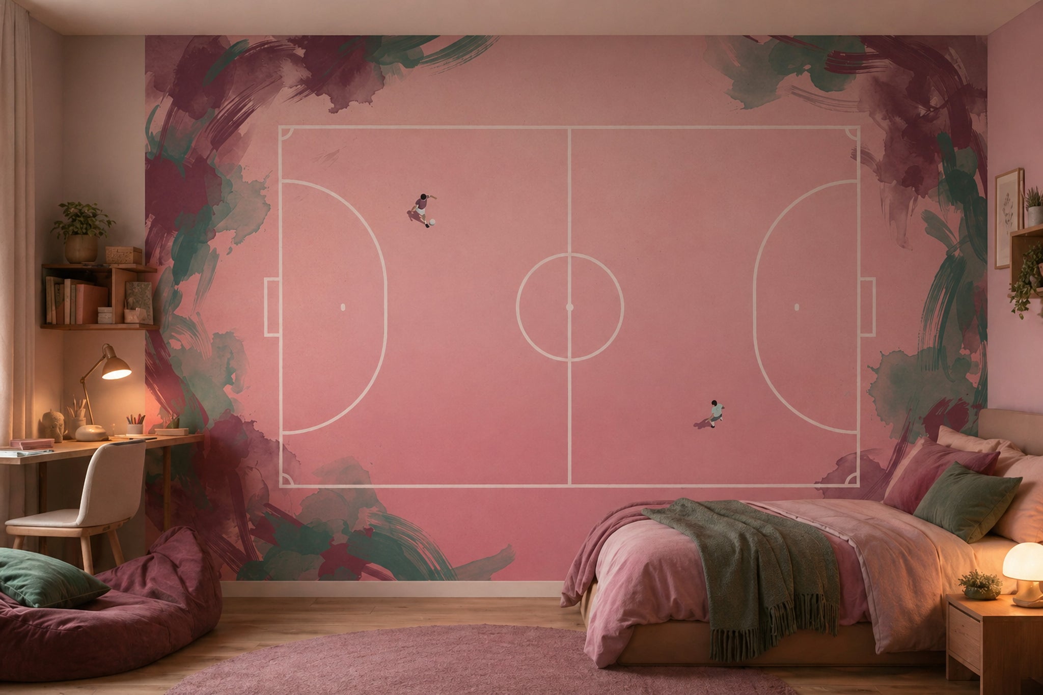 Soccer Field Wallpaper Top Down Pitch Removable Pastel Pink Wall Decor