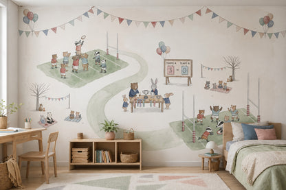 Whimsical Animals Wallpaper Sports Day Removable Rugby Field Wall Decor
