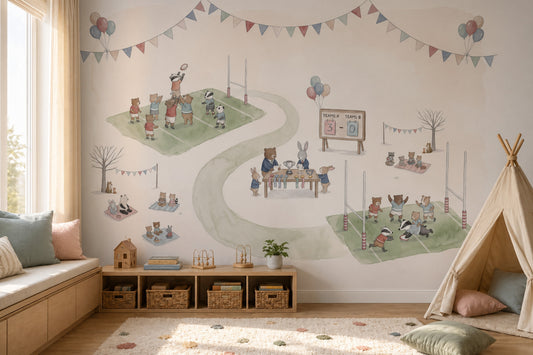 Whimsical Animals Wallpaper Sports Day Removable Rugby Field Wall Decor