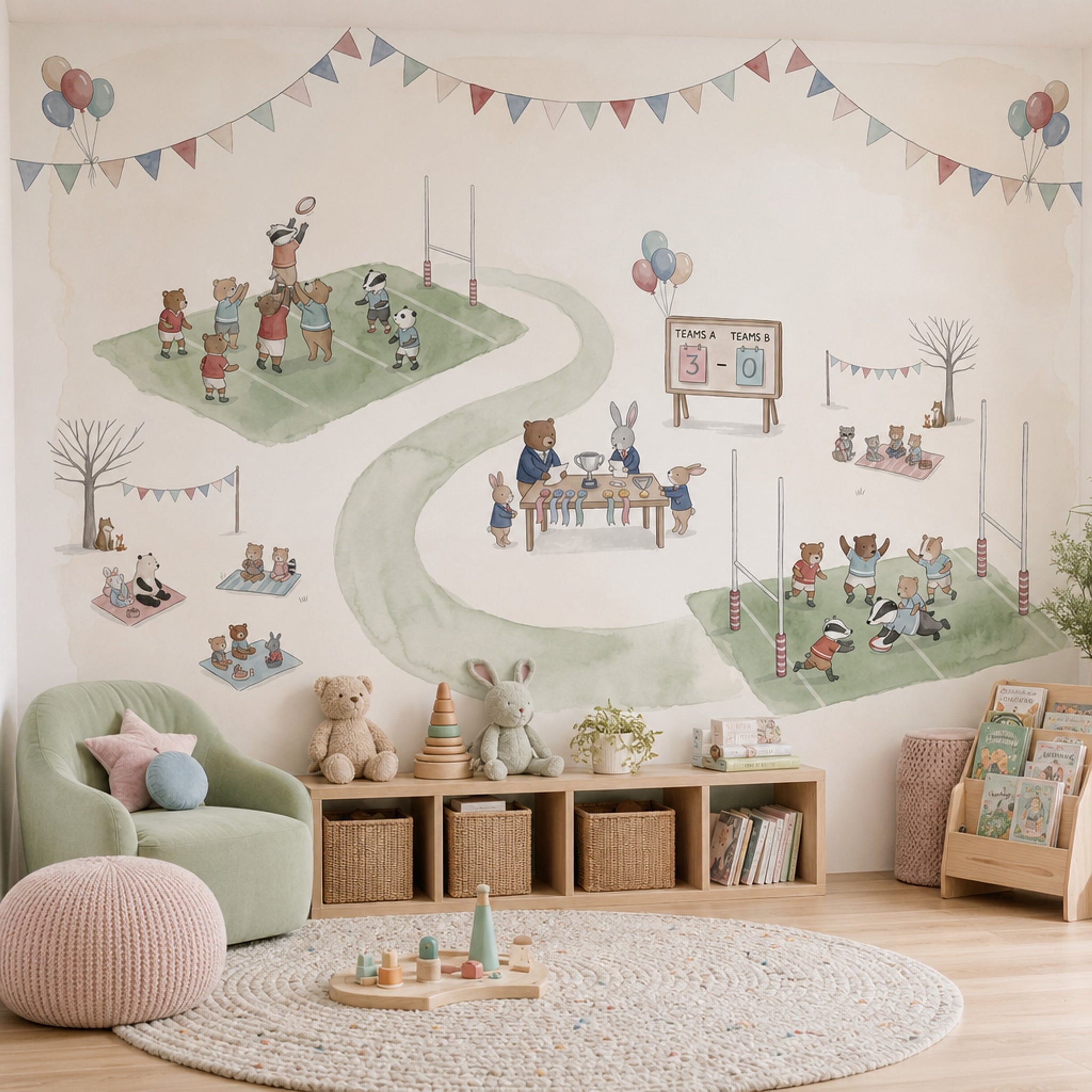 Whimsical Animals Wallpaper Sports Day Removable Rugby Field Wall Decor