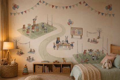 Whimsical Animals Wallpaper Sports Day Removable Rugby Field Wall Decor