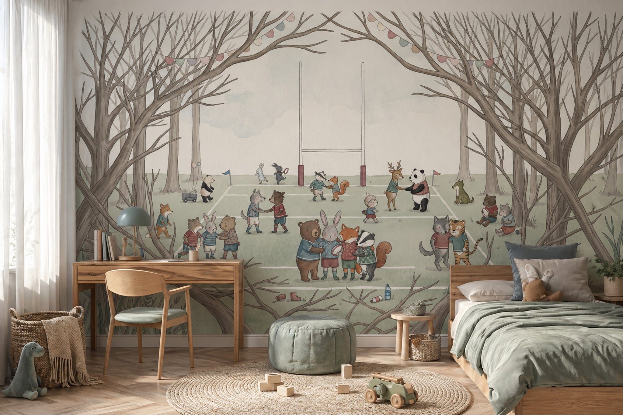 Woodland Sports Field Wallpaper Cute Animals Storybook Illustration Wall Mural