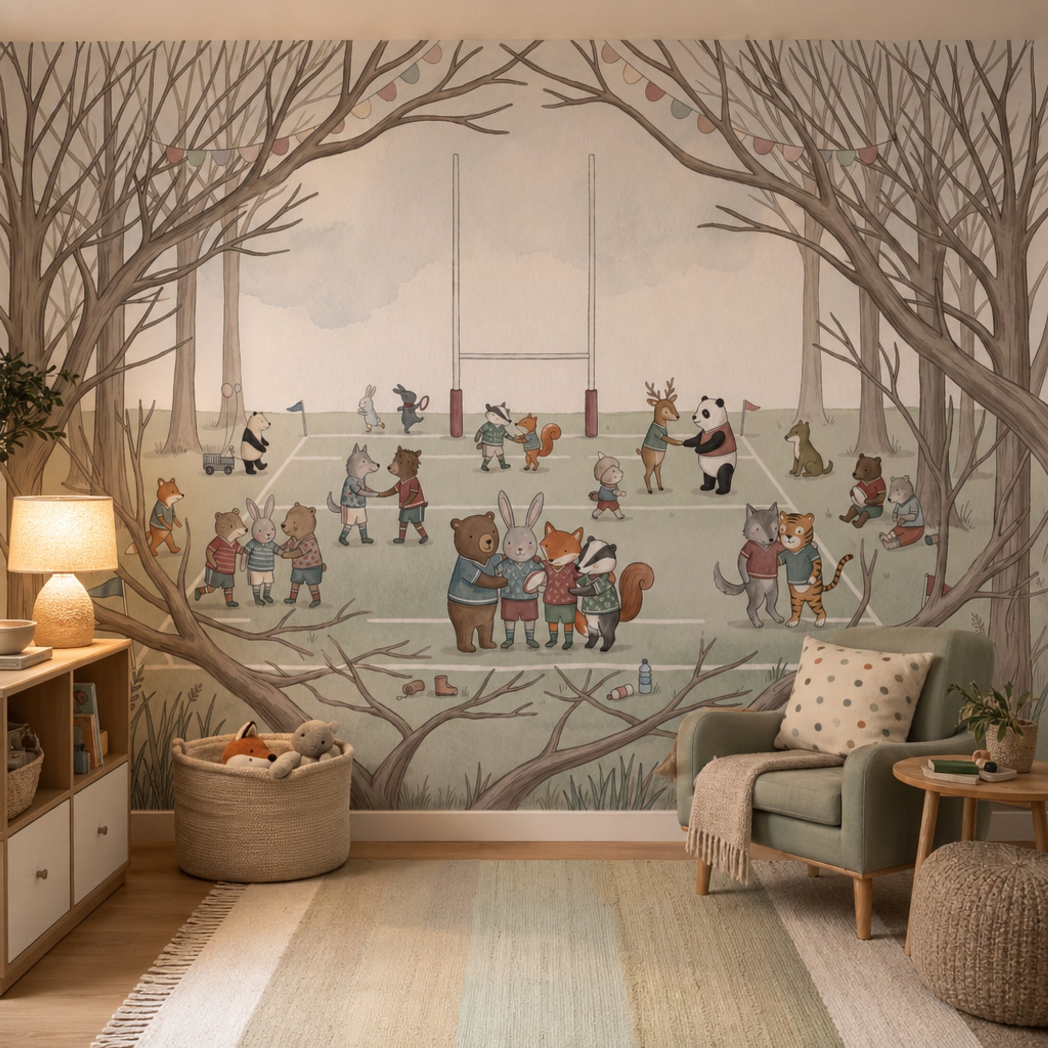 Woodland Sports Field Wallpaper Cute Animals Storybook Illustration Wall Mural