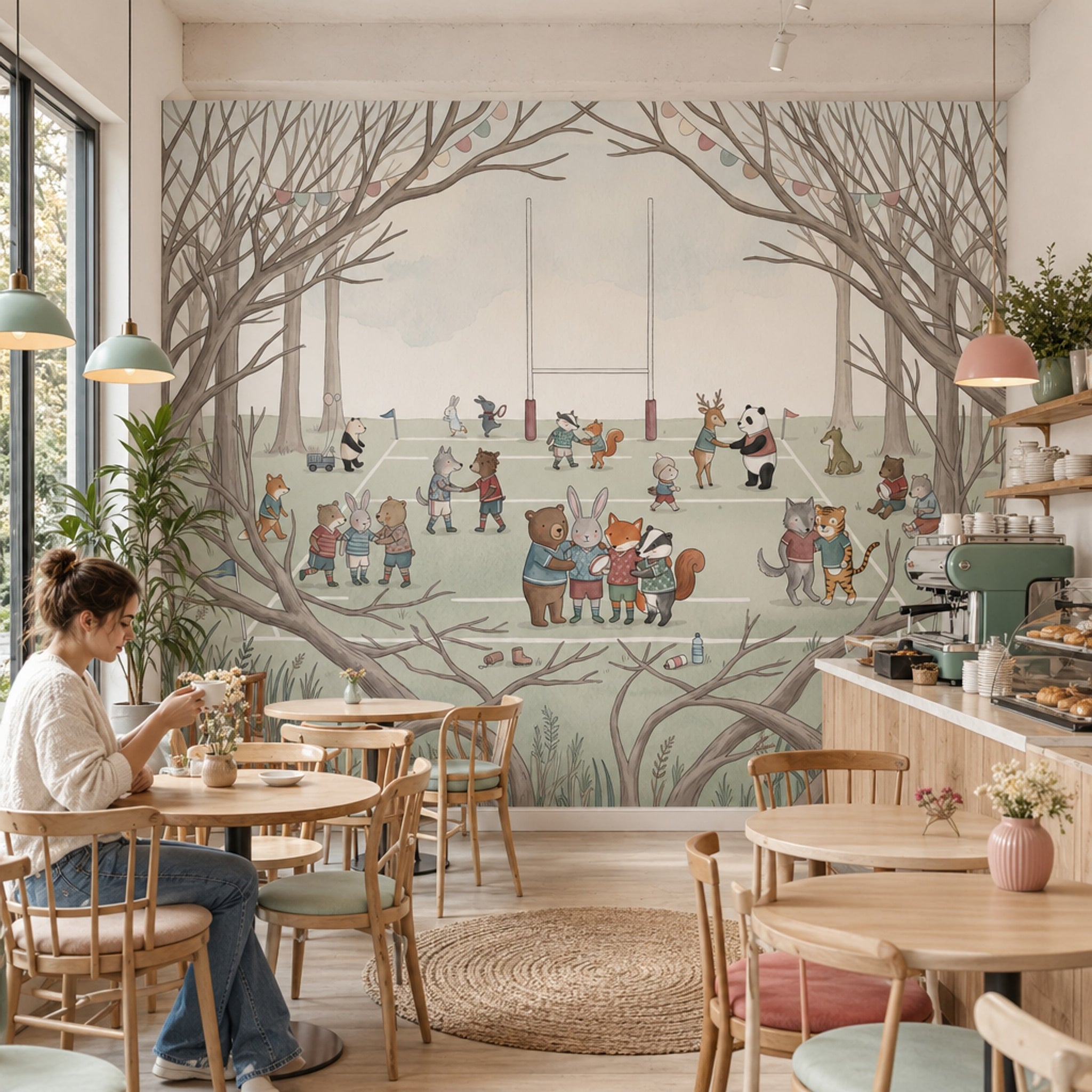 Woodland Sports Field Wallpaper Cute Animals Storybook Illustration Wall Mural