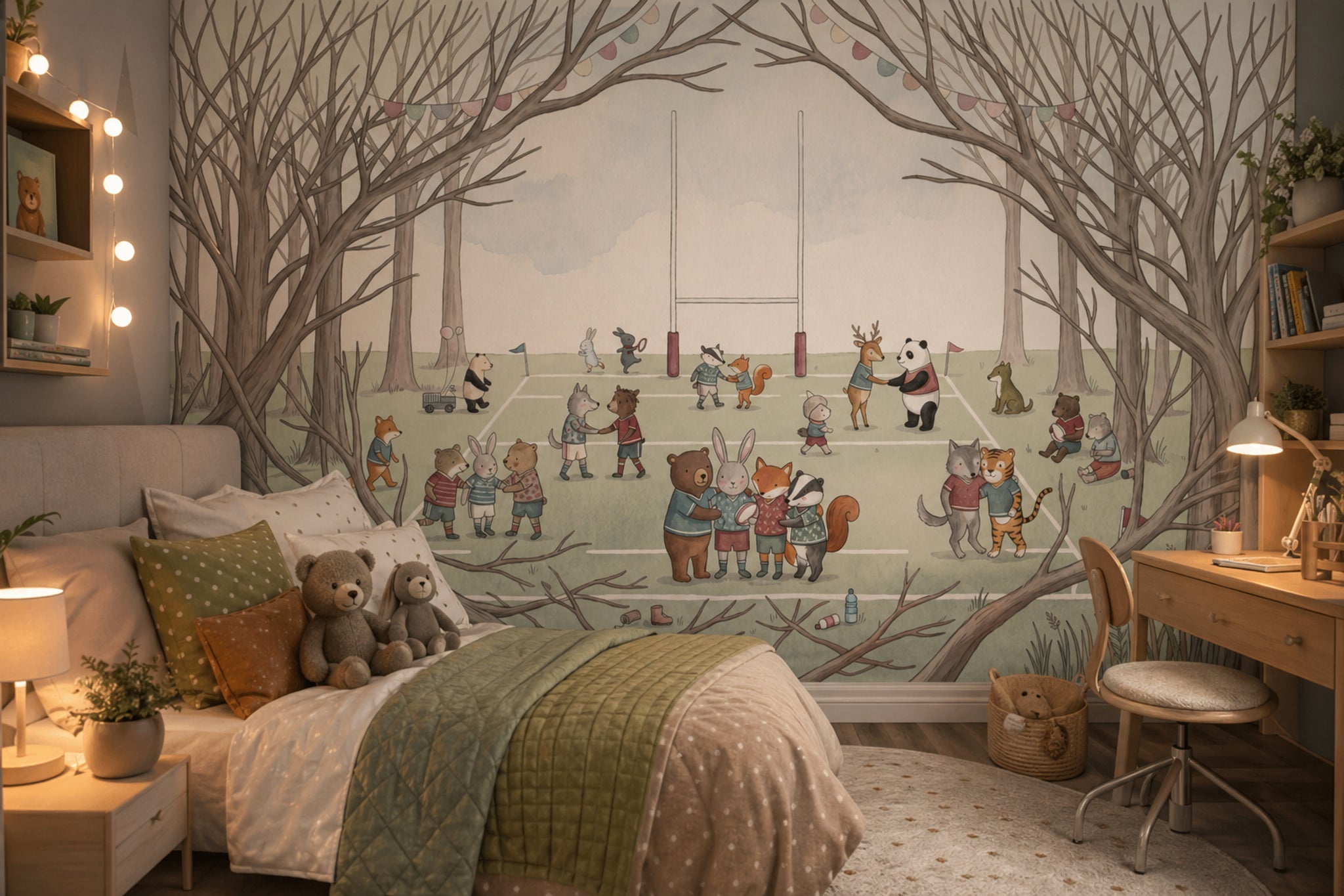 Woodland Sports Field Wallpaper Cute Animals Storybook Illustration Wall Mural
