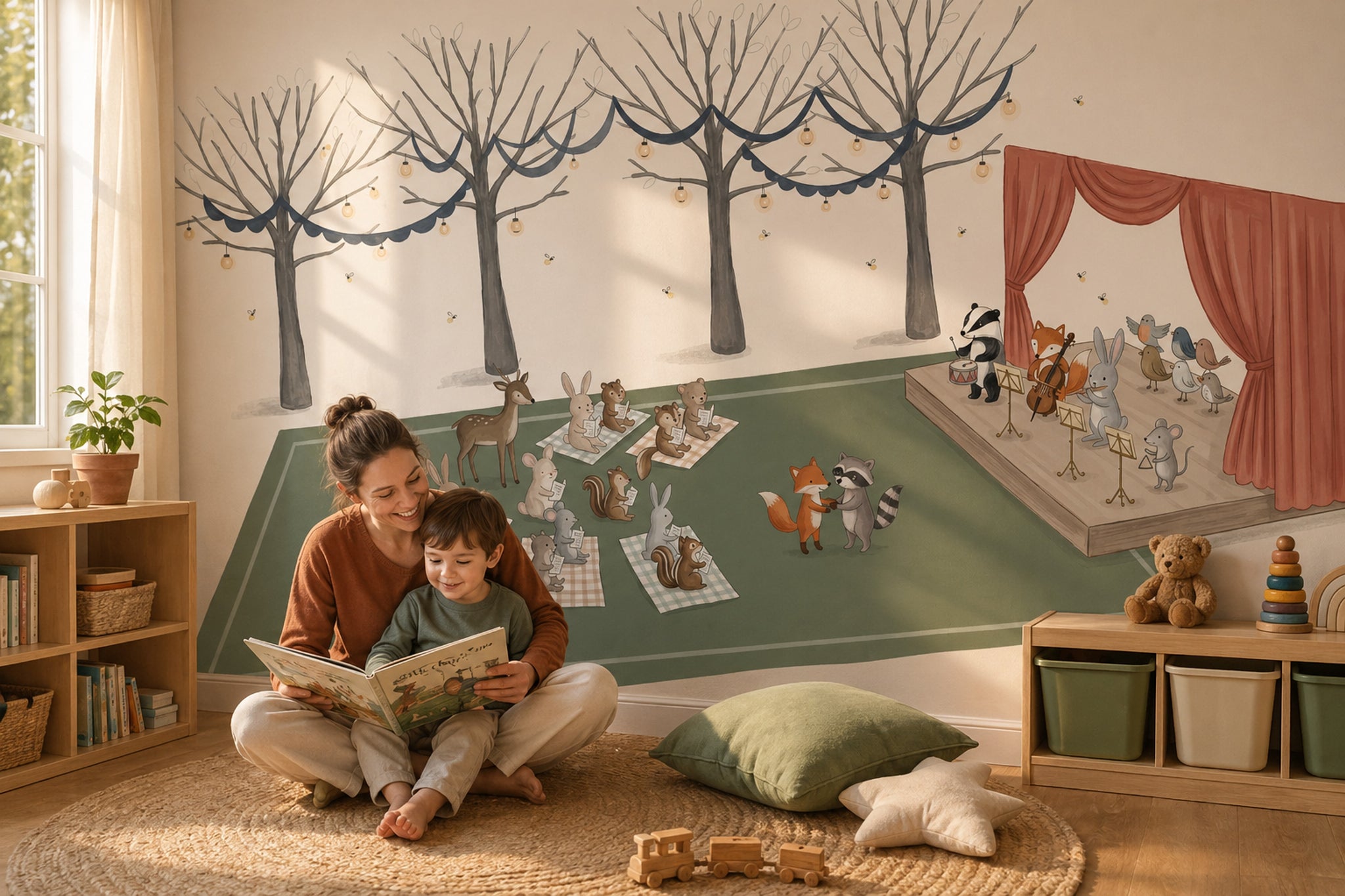 Muted Green Wallpaper Forest Concert Removable Storybook Wall Decor