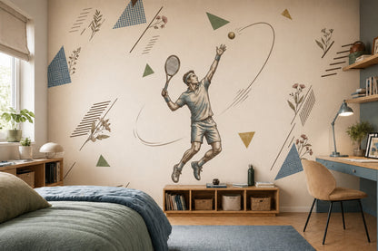 Mid Century Modern Wallpaper Tennis Player Removable Geometric Wall Decor