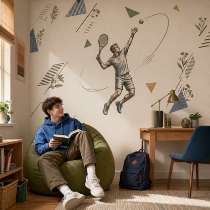 Mid Century Modern Wallpaper Tennis Player Removable Geometric Wall Decor