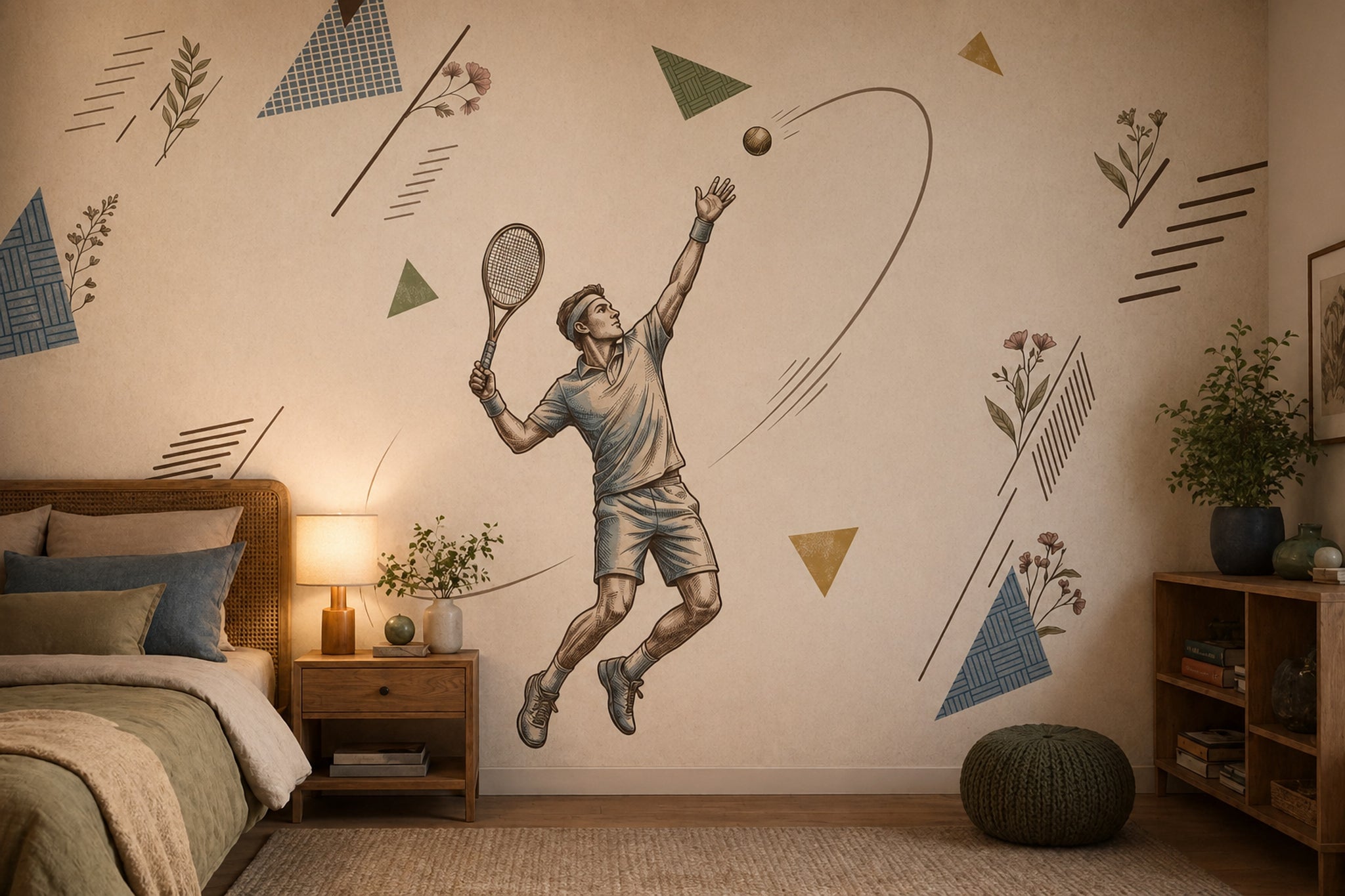 Mid Century Modern Wallpaper Tennis Player Removable Geometric Wall Decor