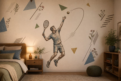 Mid Century Modern Wallpaper Tennis Player Removable Geometric Wall Decor