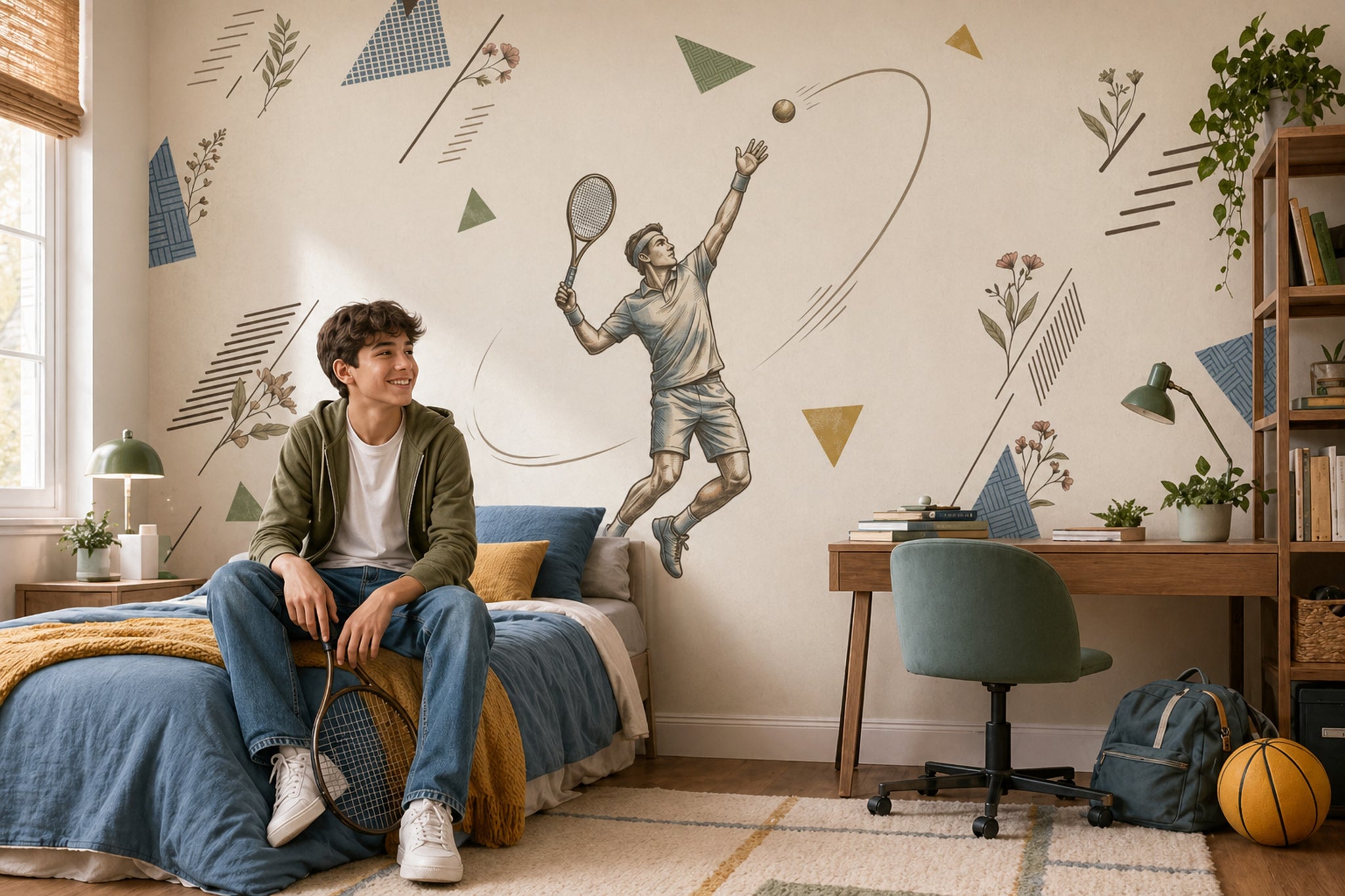 Mid Century Modern Wallpaper Tennis Player Removable Geometric Wall Decor