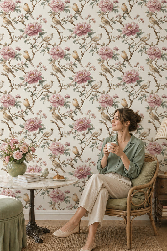Peony Wallpaper Birds Vintage Illustration Decorative Mural