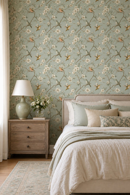 Botanical Wallpaper Blossom Branches Birds Decorative Mural